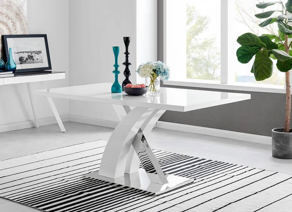 FurnitureboxUK Atlanta Modern Rectangle Chrome Metal High Gloss White Dining Table & 6 Milan Chairs Set in Off-White 3