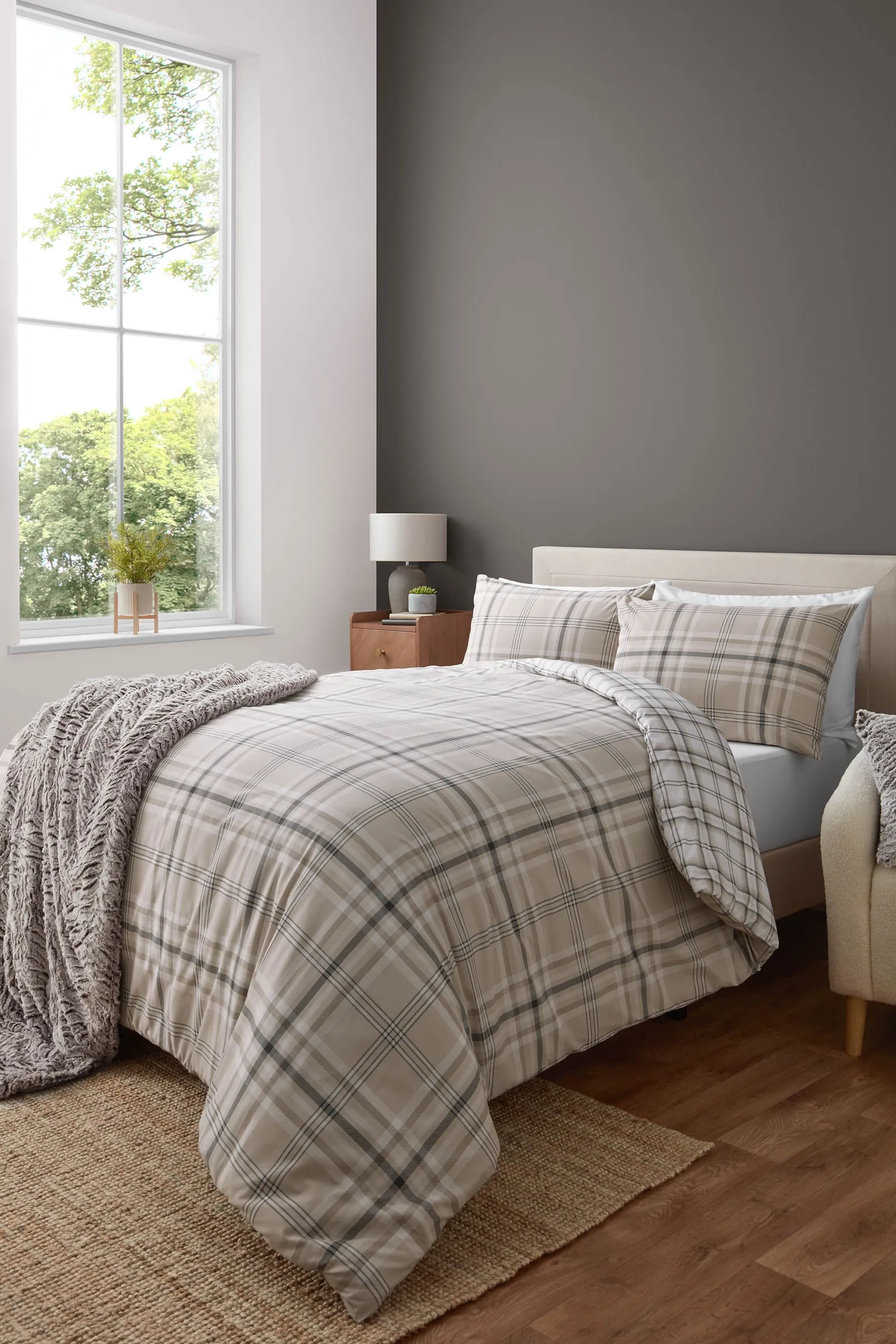 Catherine Lansfield 'Kelso Check' Reversible Duvet Cover Set in Natural 1