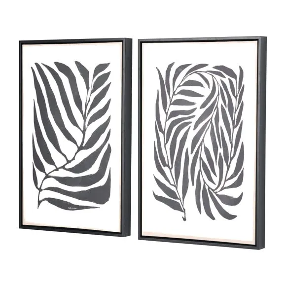 Set of 2 Black Leaf Print Framed Canvases 2