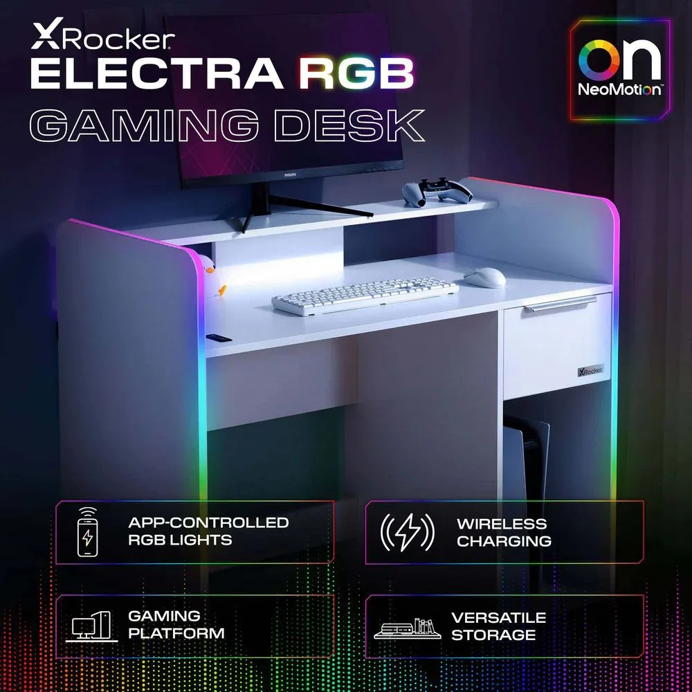 X Rocker Electra 110cm LED Gaming Desk with Wireless Charging & Drawer in White 2