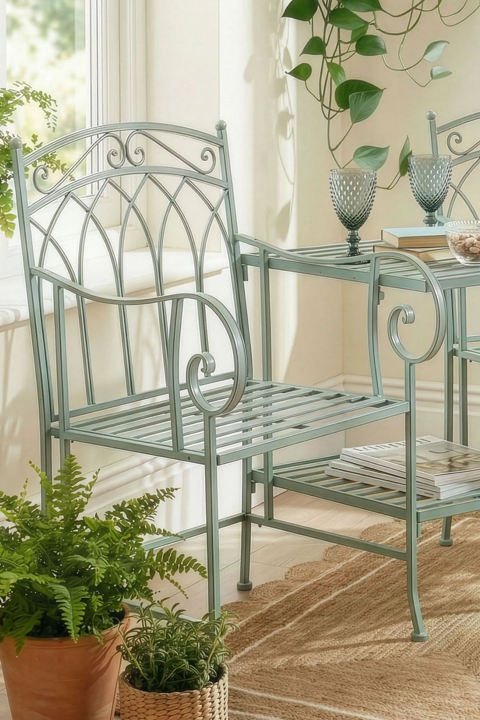 Dibor Vintage Green Iron Arched Indoor Outdoor Garden Furniture Companion Seat Garden Bench 2