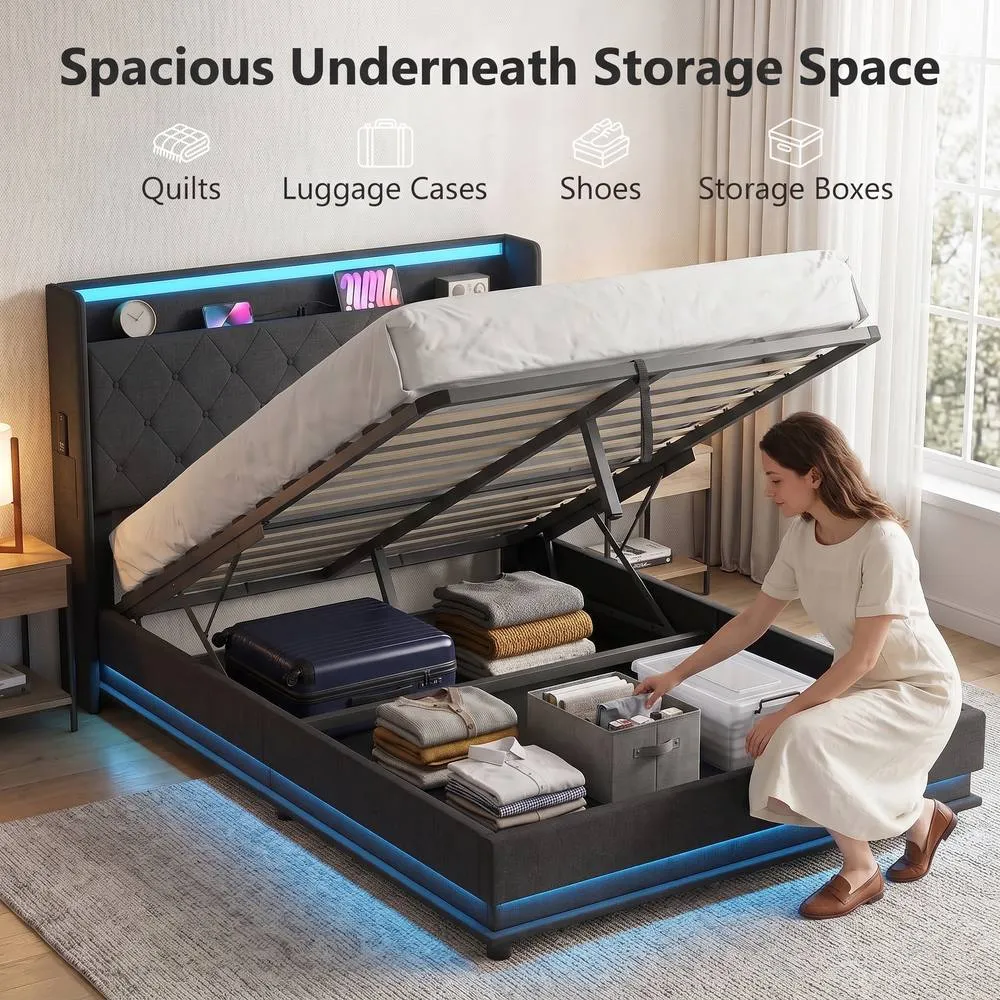 HOMCOM Lift up Storage Bed Frame with RGB LED Lights, 135 x 190cm, Black 4