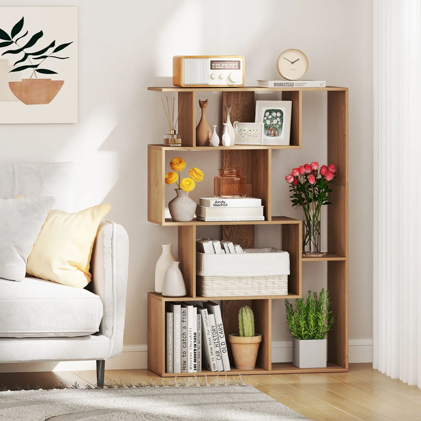 Costway Open-back Geometric Bookshelf Home 6-Cube Large Bookcase in Natural 6