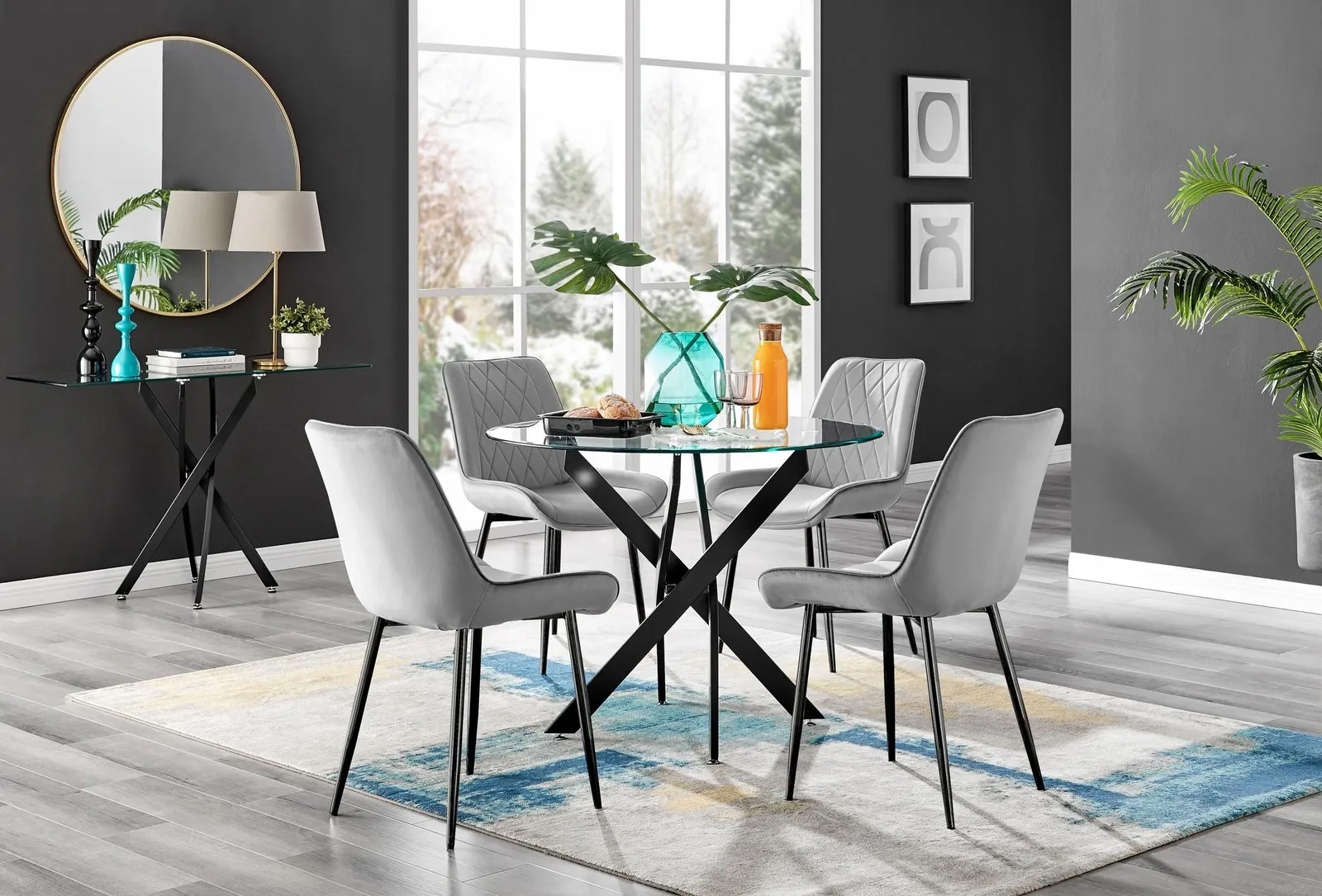 FurnitureboxUK Novara 4 Seater Black Leg Round Glass Dining Table & 4 Pesaro Soft Velvet Black Leg Chairs in Grey 1