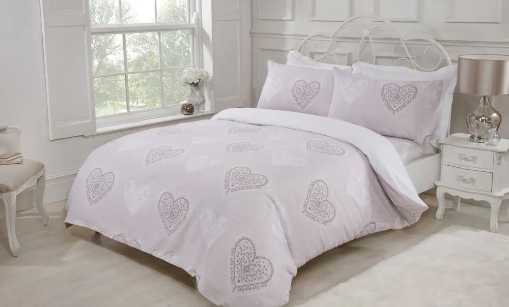 Smart Living Printed Reversible Polycotton Decorative Hearts Duvet Cover With Pillowcases in Natural