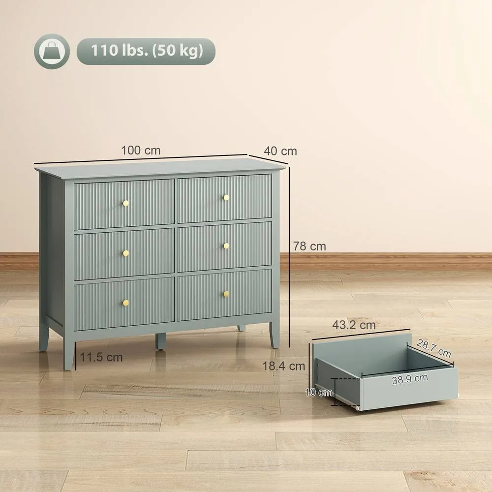 HOMCOM Fluted Chest of Drawers 6 Drawer Dresser for Bedroom Hallway Green 3