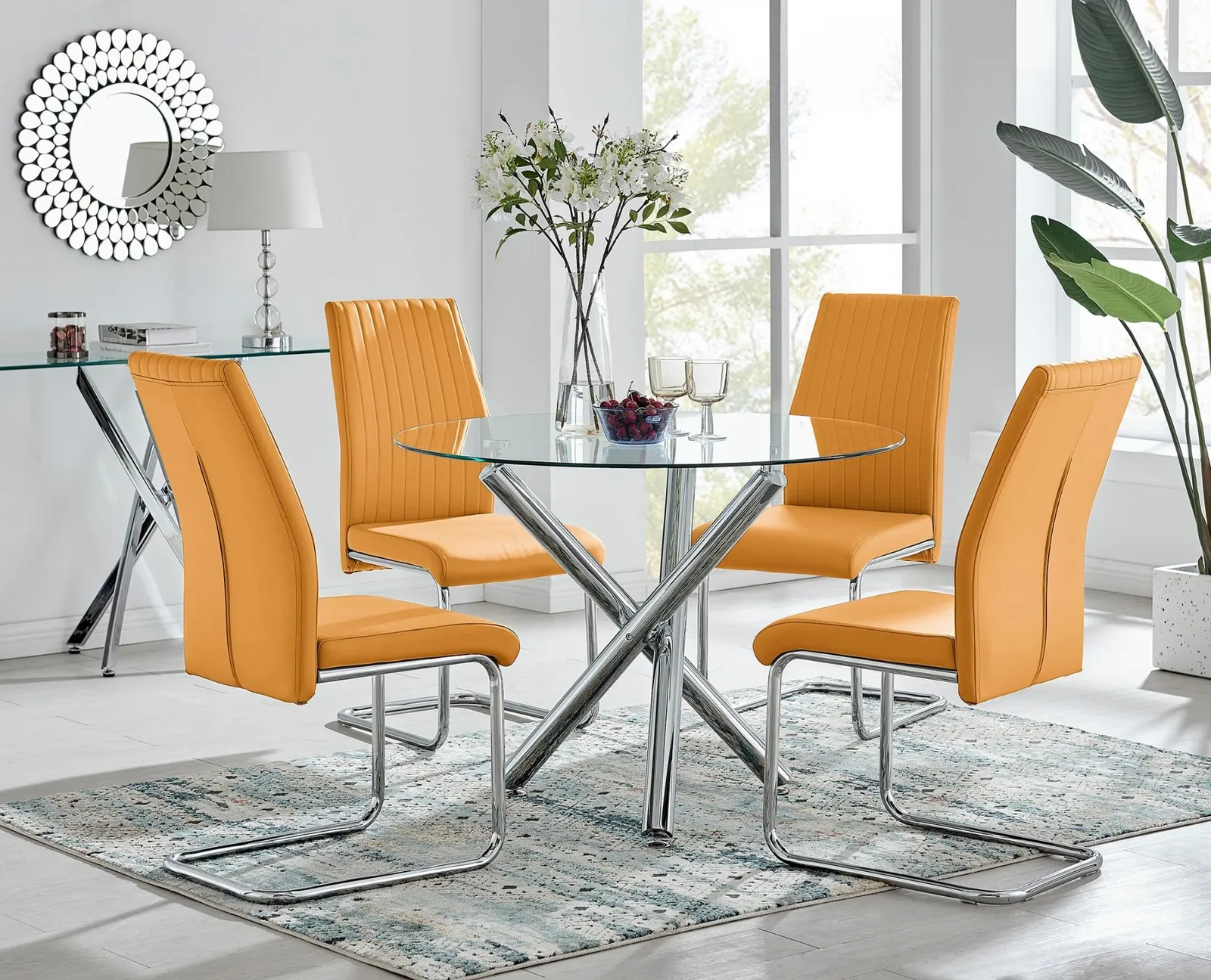 FurnitureboxUK Selina Round Glass & Chrome Metal Dining Table & Lorenzo Chairs Set in Mustard 1