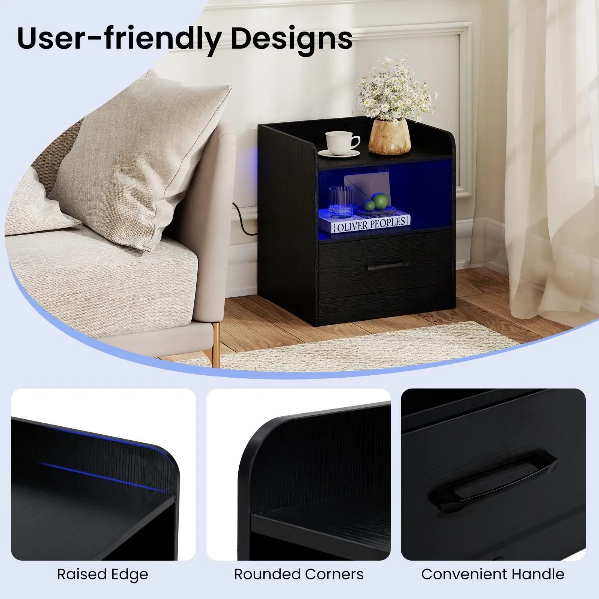 Costway Small Bedside Table Modern Nightstand with Drawer-Black in Black 6