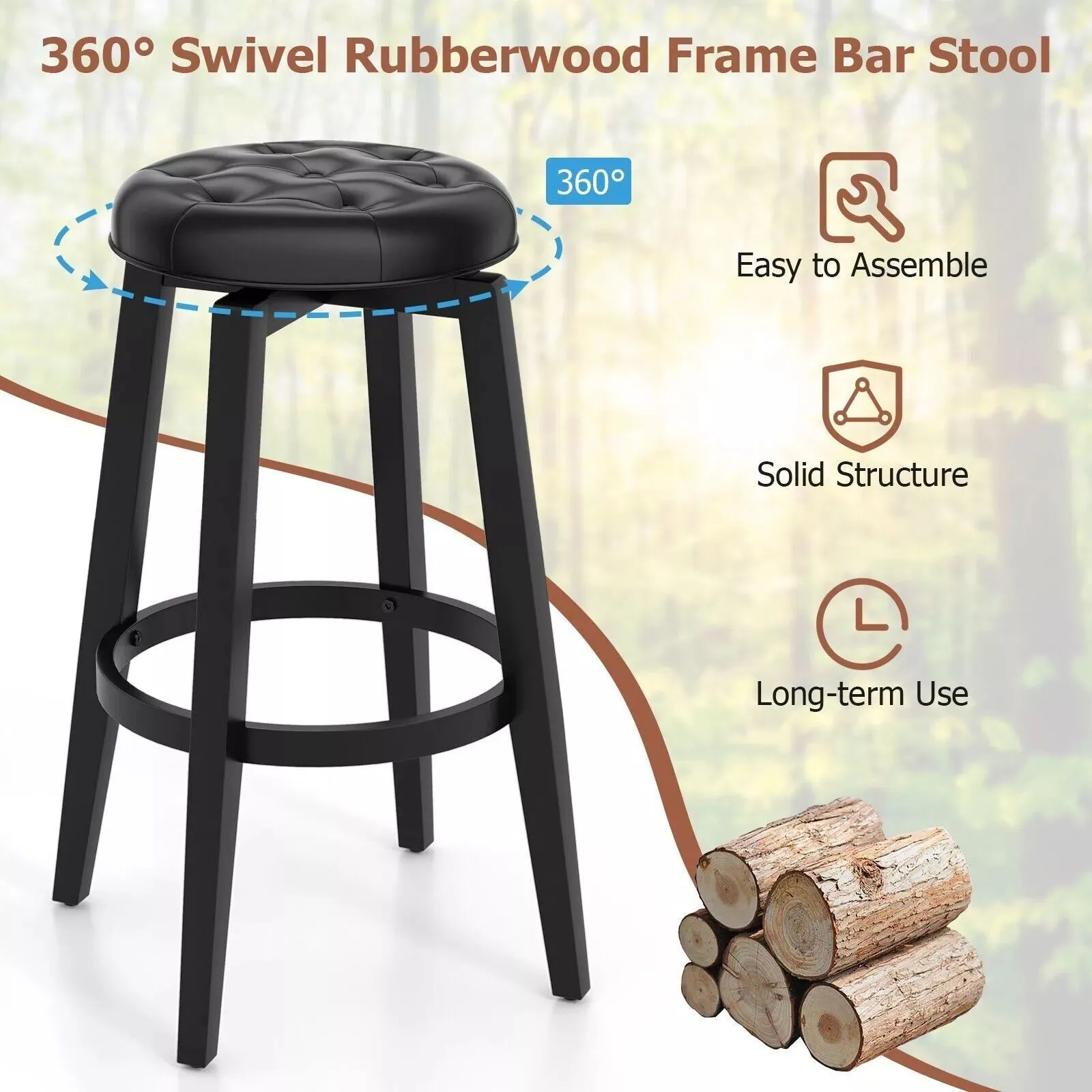 Costway Set of 2 Bar Stools Kitchen Upholstered Chair 360 Swivel Pub Stool 76cm in Black 6