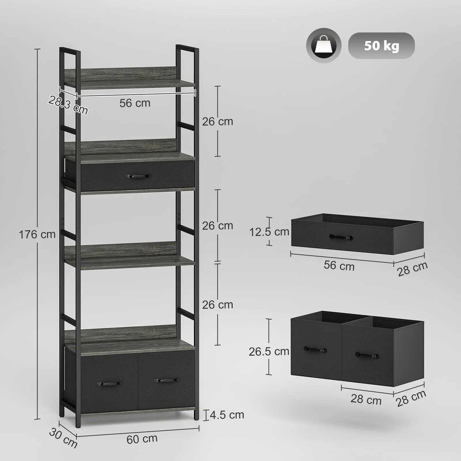 HOMCOM Industrial Bookshelf with 4 Shelves & 3 Fabric Drawers Grey 3