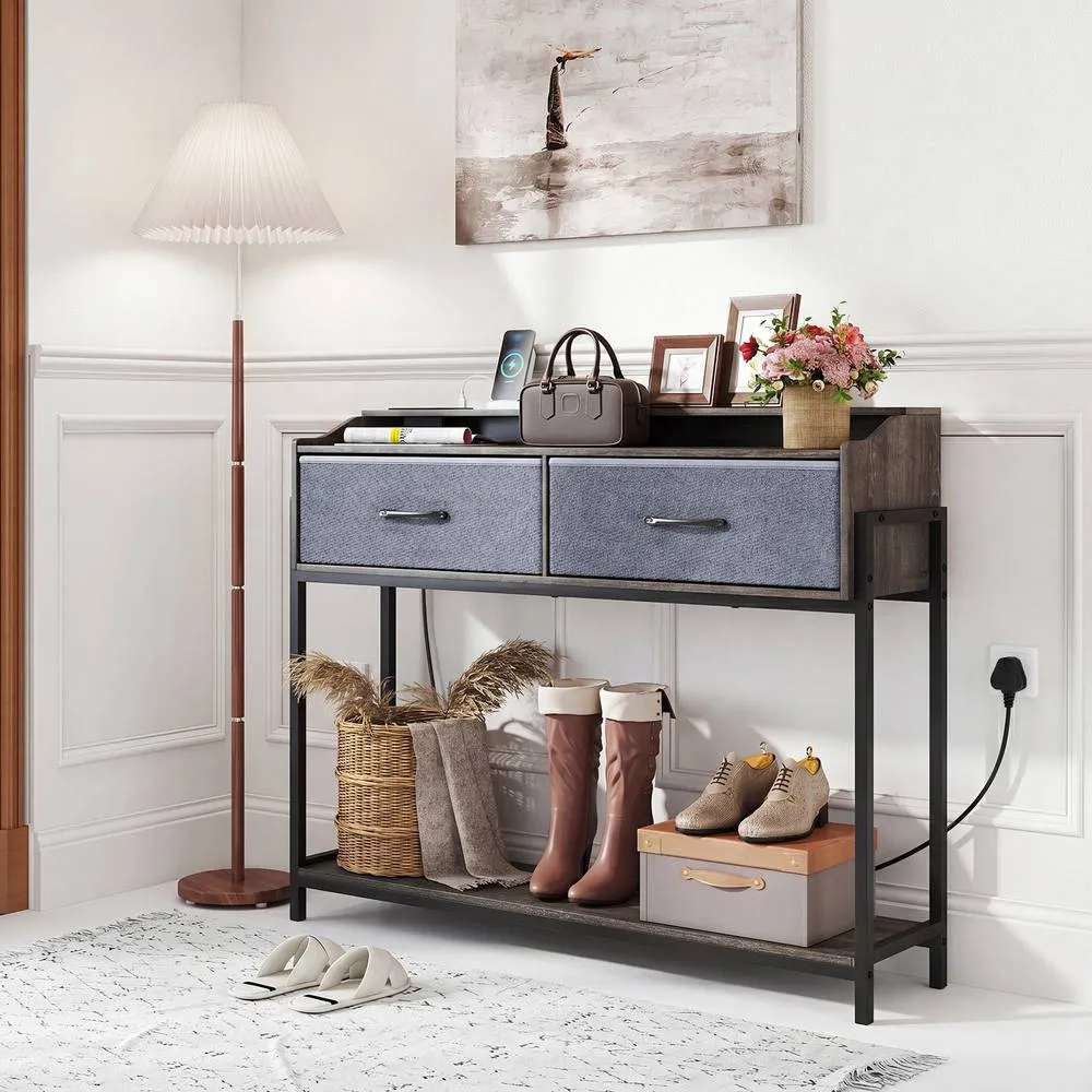 Costway Console Table w/Charging Station & Shelves 110cm Narrow Entryway Table in Grey 4