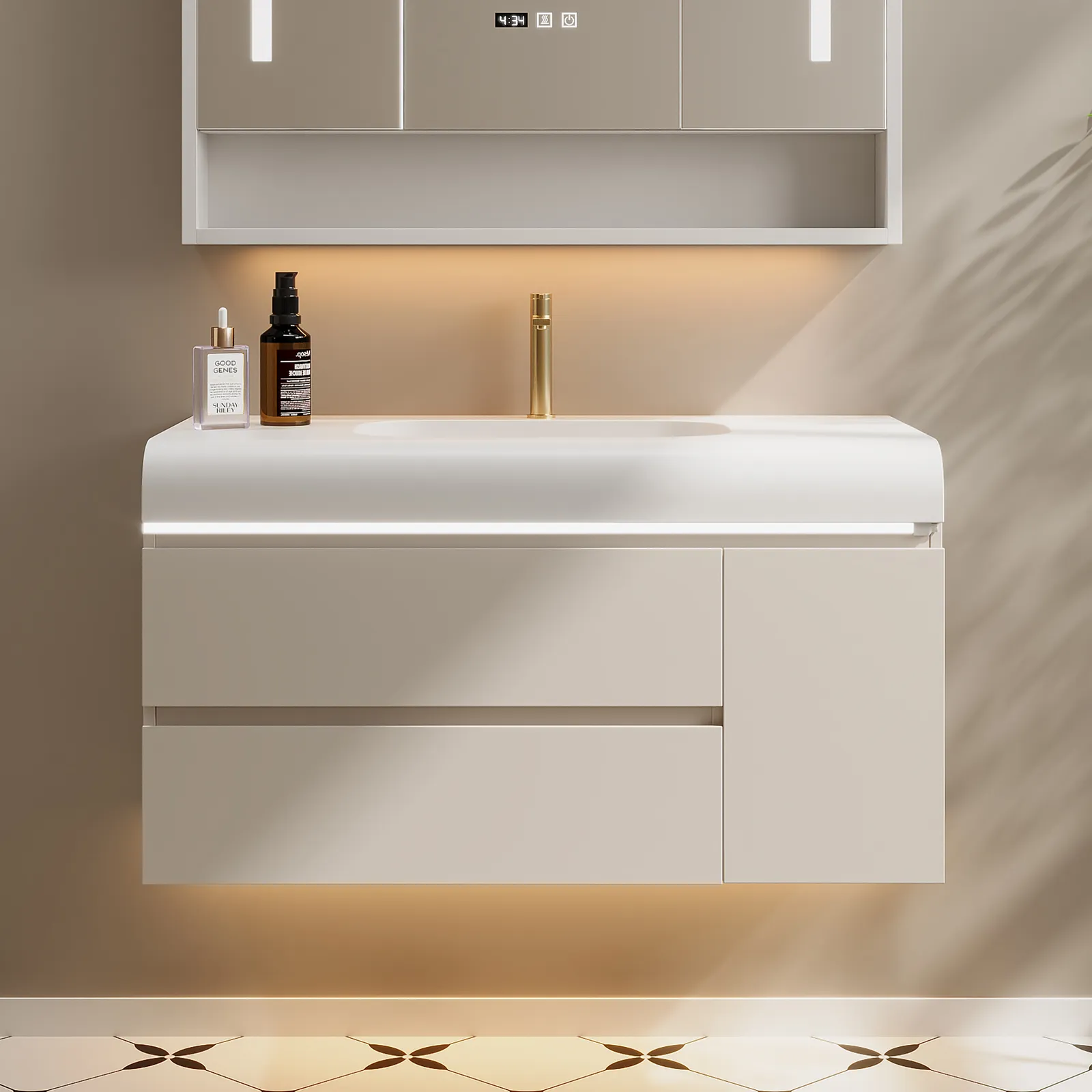 1000mm Curved Design Wall Mounted Bathroom Vanity With Ample Storages and Light