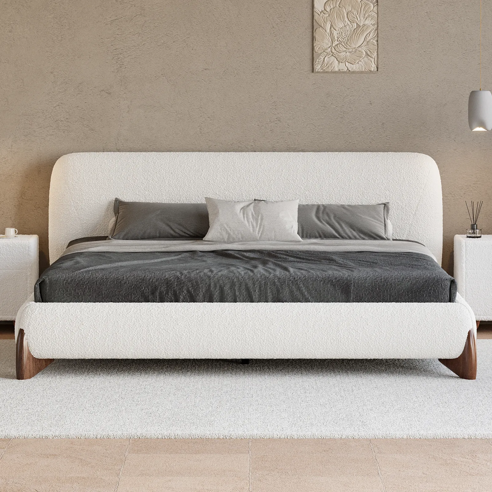 Modern White Boucle Platform Bed Queen Size Bed Frame with Upholstered Headboard