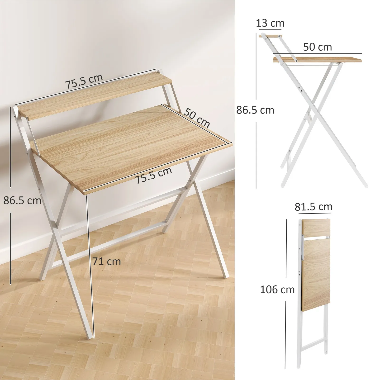 HOMCOM 81.5 cm Folding Computer Desk for Small Spaces Bedroom in Natural 3