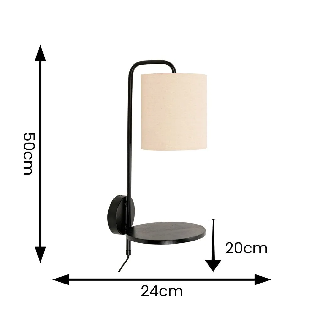 ValueLights Ryan Natural Linen Lamp Shade Black Metal Wall with Black Wood Shelf 6