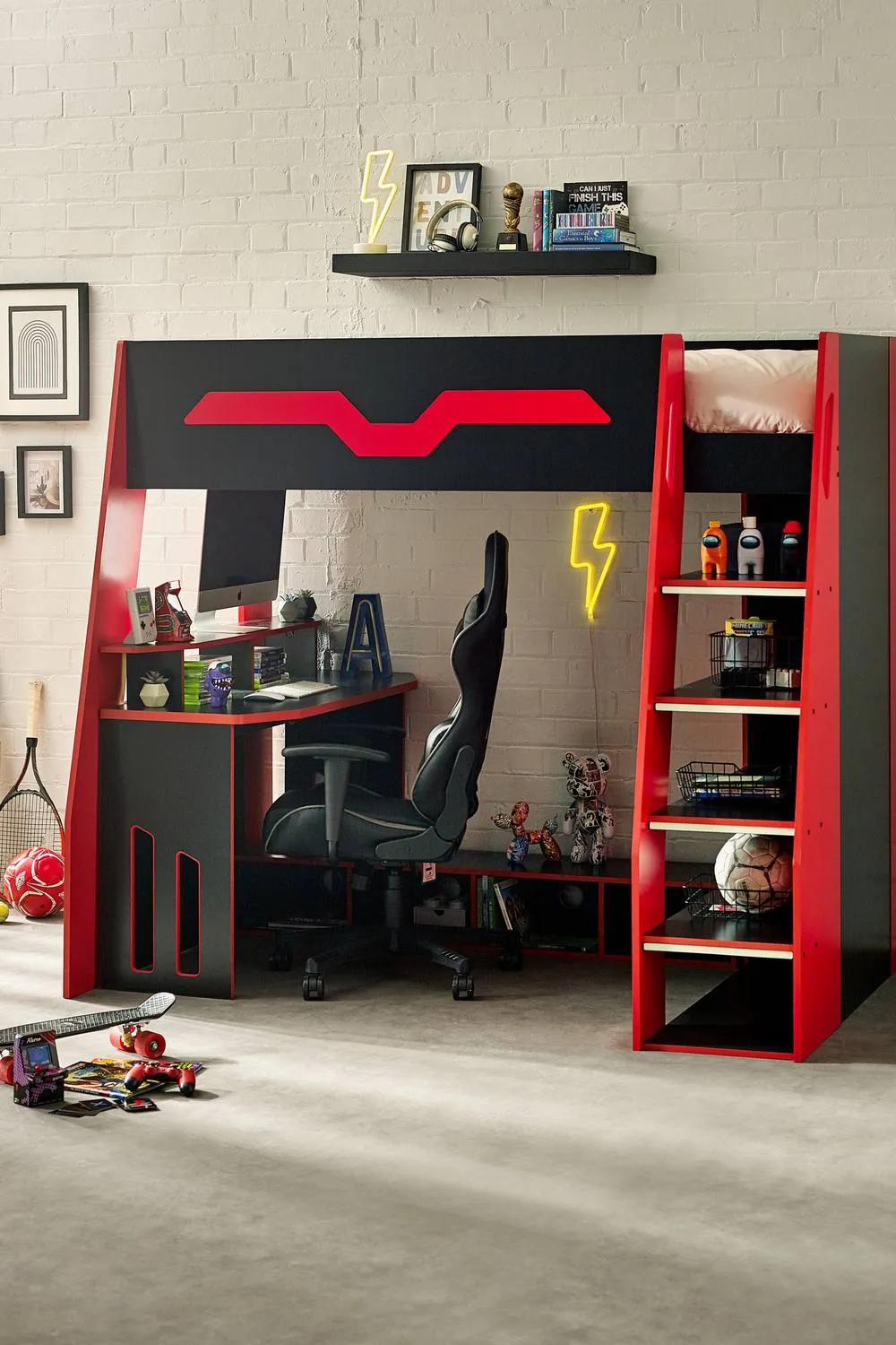 Julian Bowen Eagle Single Black & Red Gaming Highsleeper Loft Bed with Desk