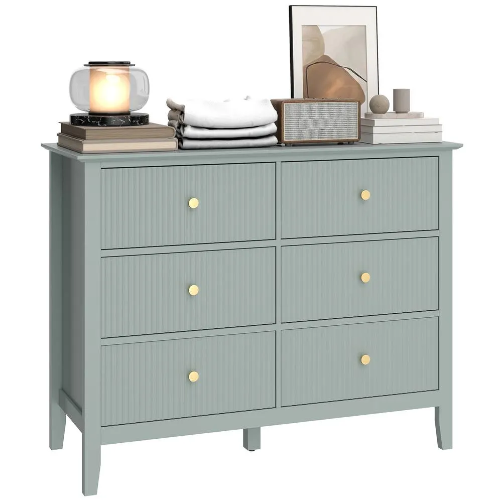 HOMCOM Fluted Chest of Drawers 6 Drawer Dresser for Bedroom Hallway Green 2