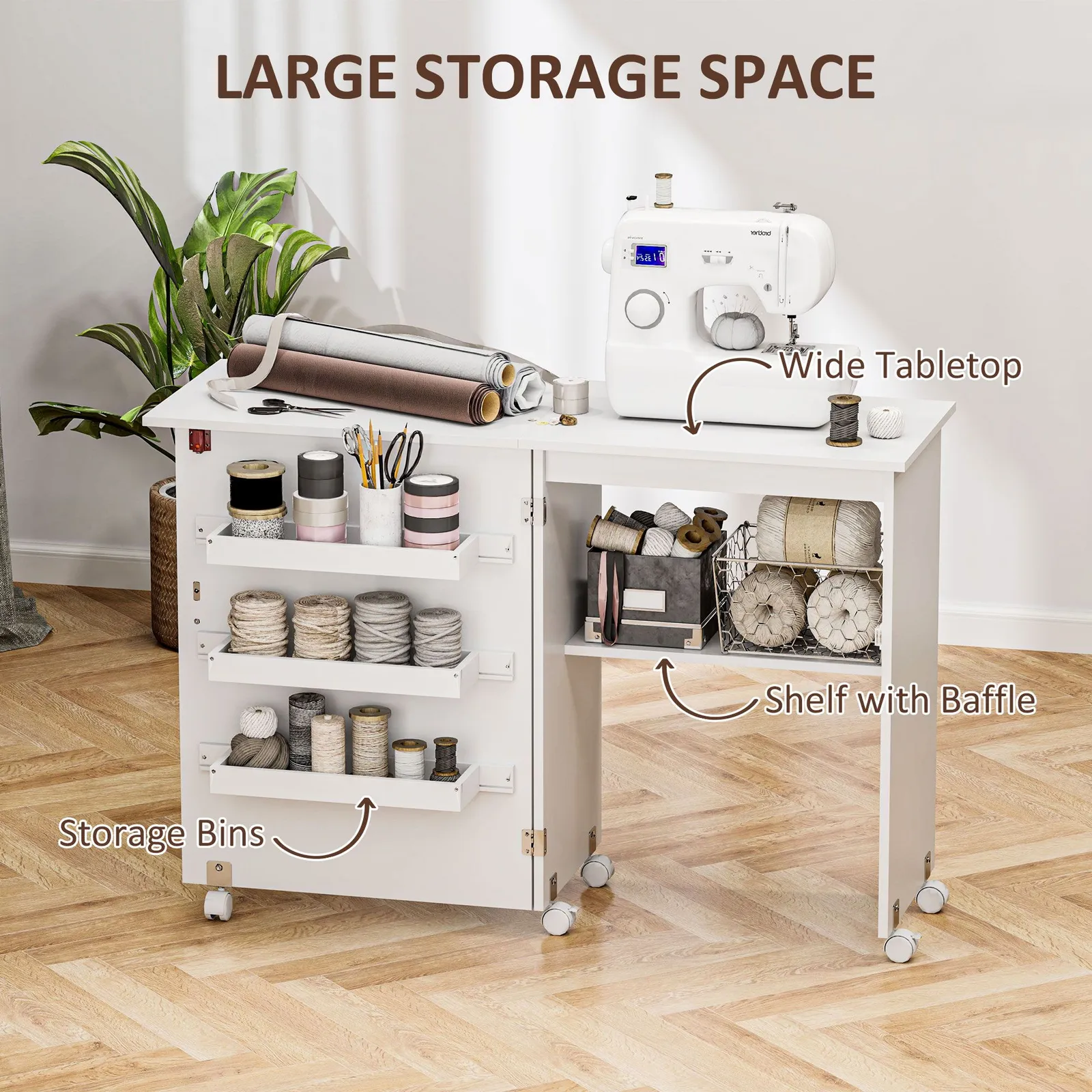 HOMCOM Folding Sewing Table Rolling Craft Table with Drop Leaf Wheels White 5
