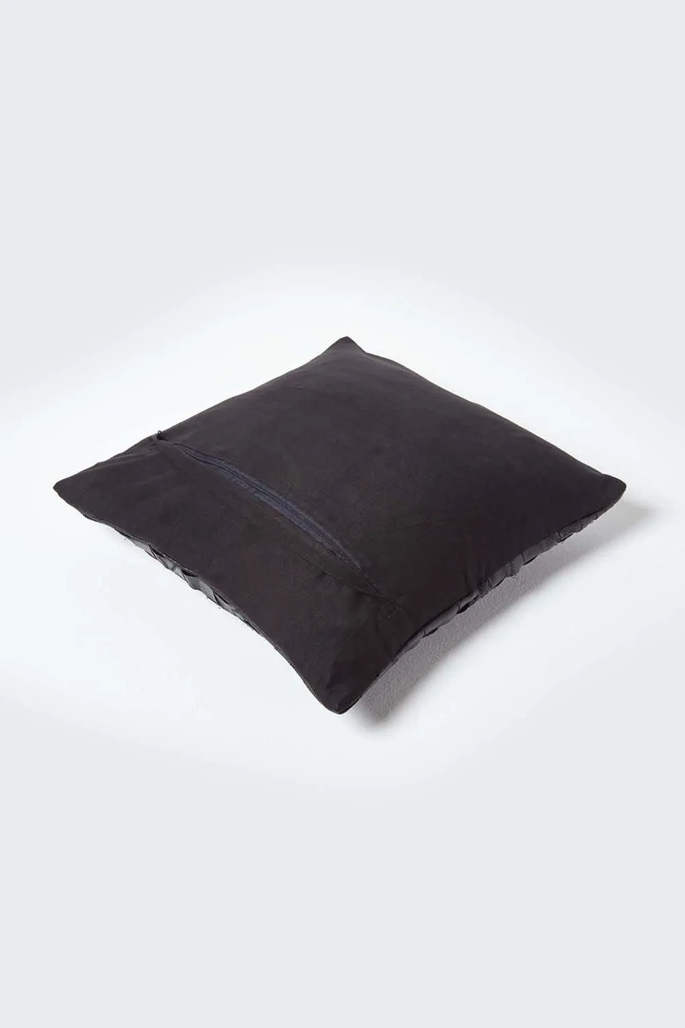 Homescapes Black Real Leather Basketweave Check Suede Cushion with Feather Filling 3