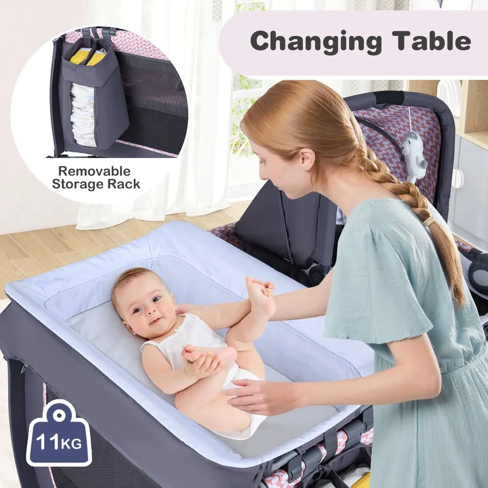 Costway Foldable Pack &Play Portable Baby Playard w/Rocking Bassinet&Music Box in Pink 2