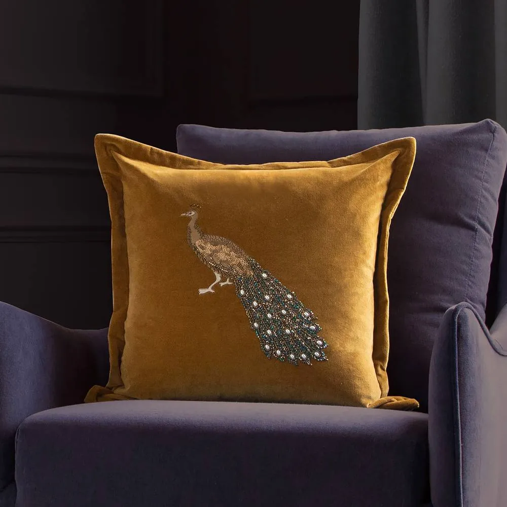 Voyage Maison Mayura Peacock Embellished Velvet Cushion in Mustard 1