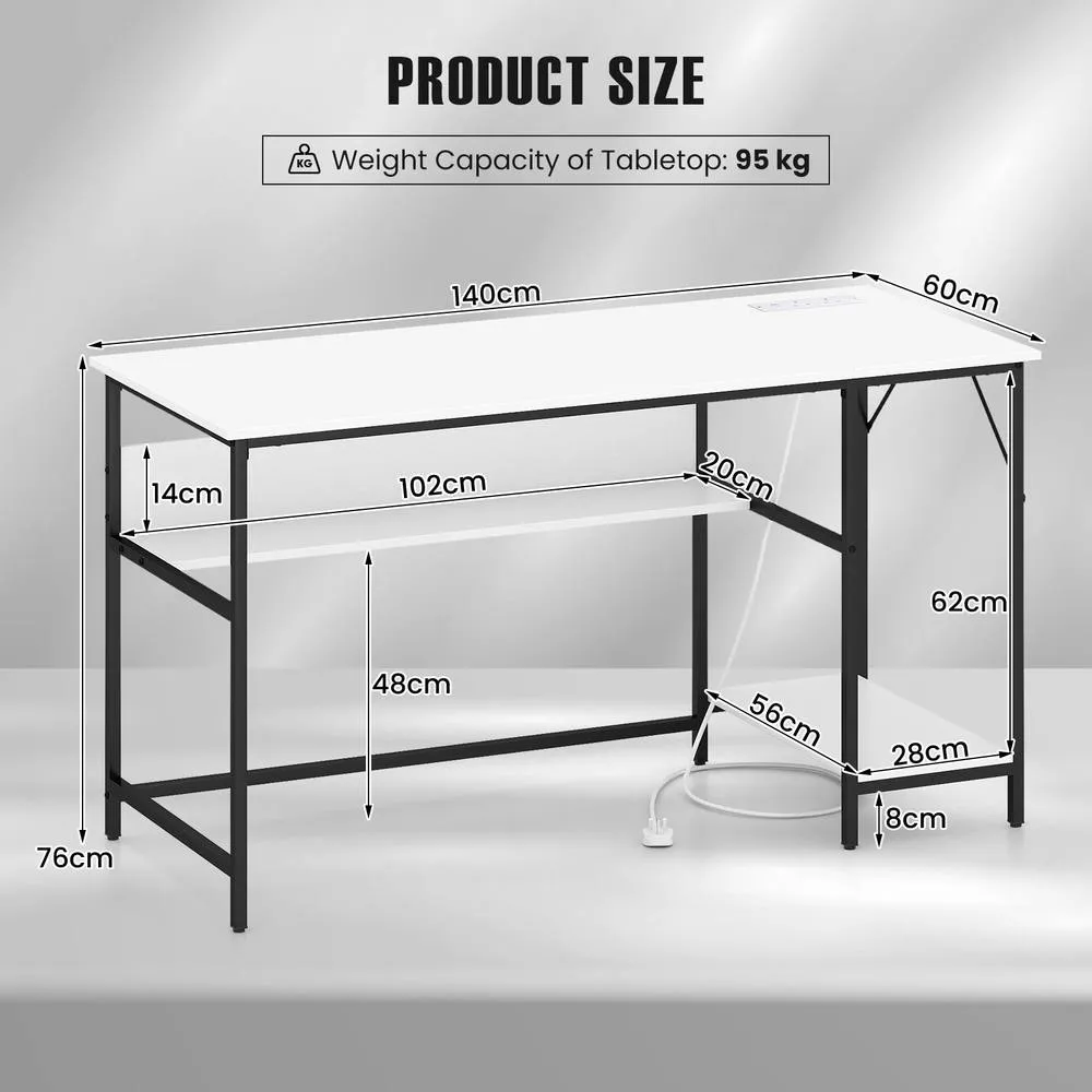 Costway 140 x 60 CM Computer Desk w/ Charging Station & 4 Power Outlets in White 2