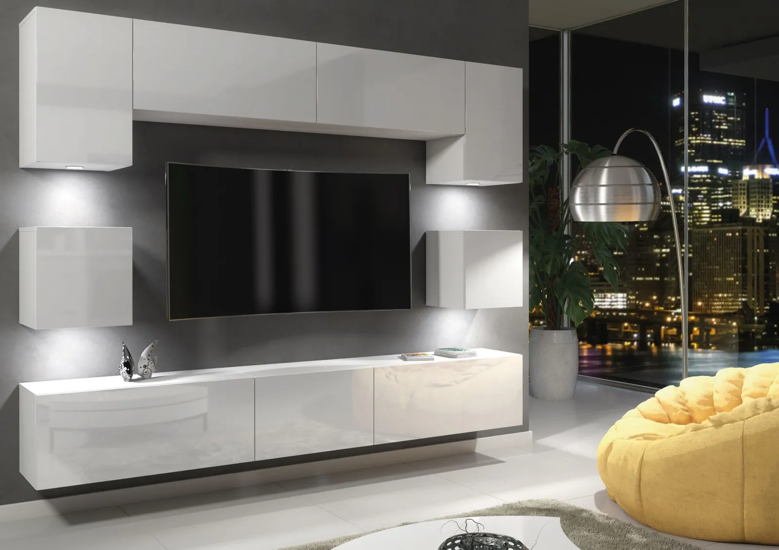 Creative Furniture Panorama Wall TV Unit - A Sleek & Modern Wall Cabinet with Gloss Doors & LED Lights in White 3