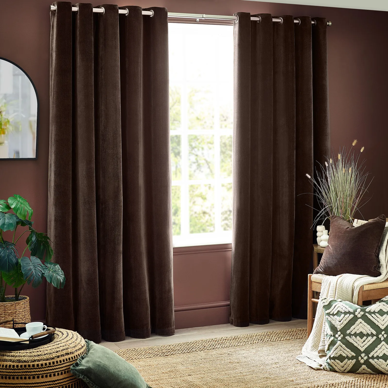 Yard Heavy Chenille Velvet Room Darkening Eyelet Curtain Pair in Brown 2