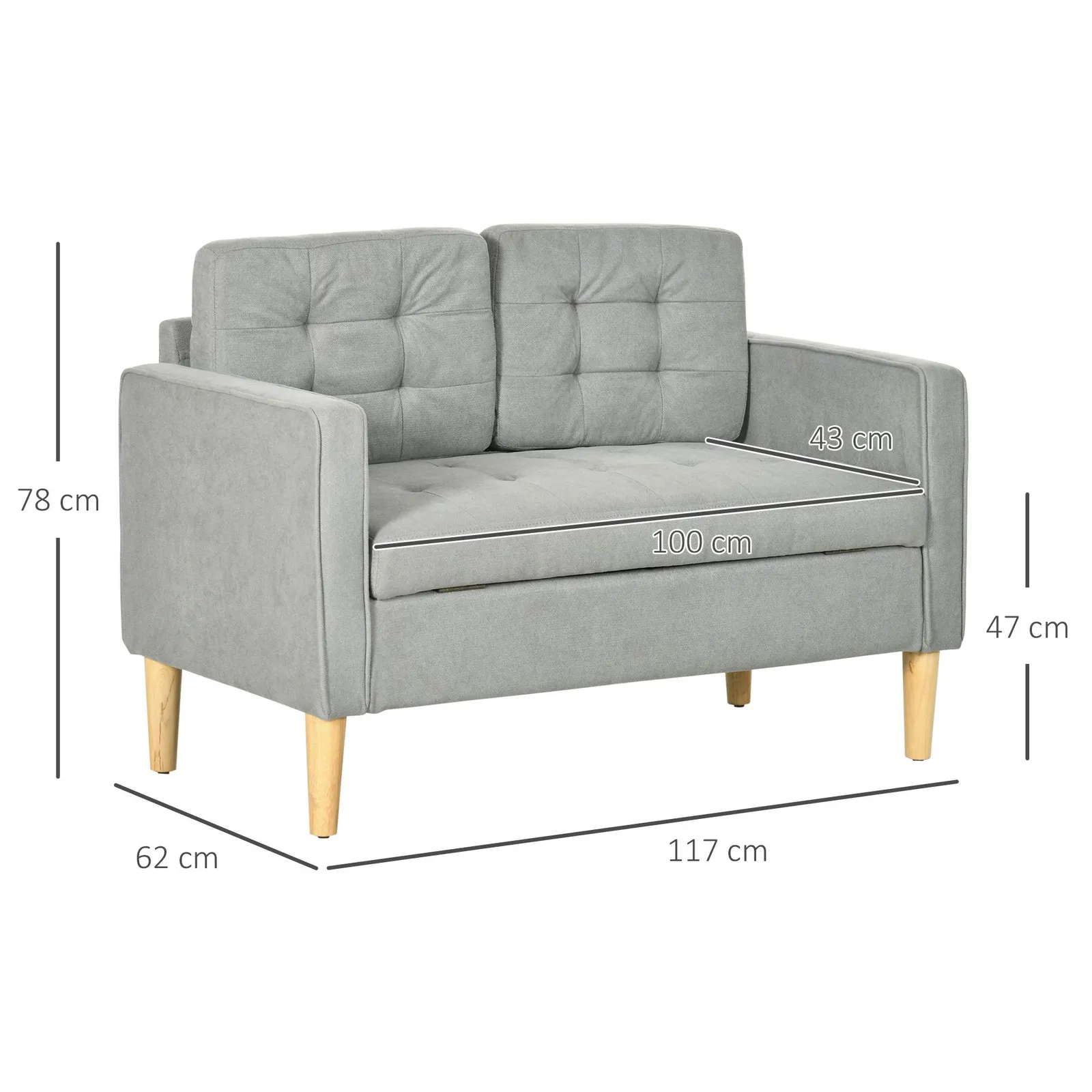 HOMCOM Compact Loveseat Sofa 2 Seater Sofa with Storage & Wood Legs in Light Grey 3