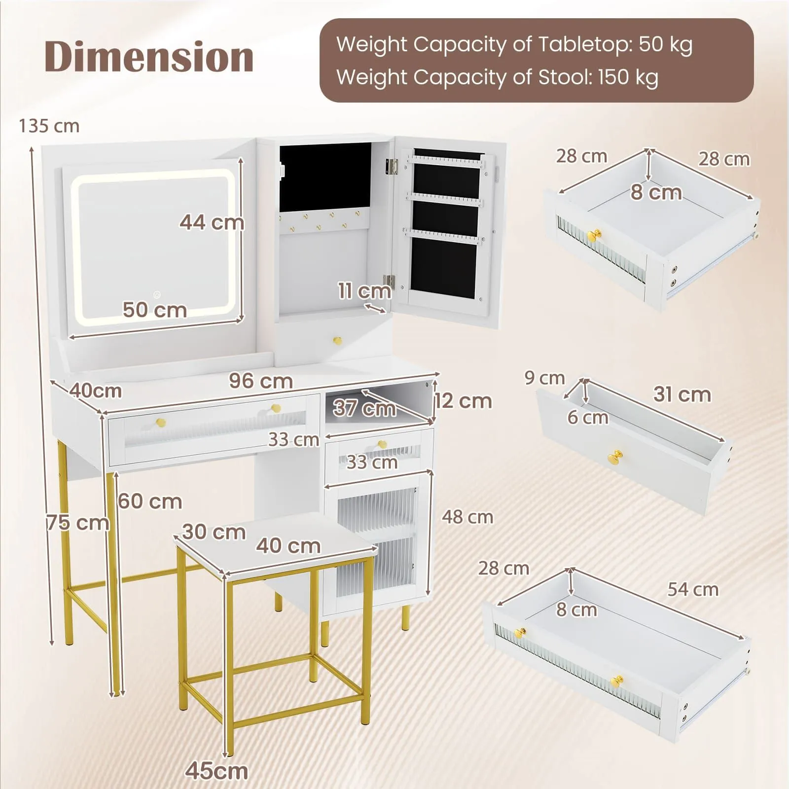 Costway Vanity Set Dressing Table & Chair Set w/3 Lighting Modes & Cabinet in White 2
