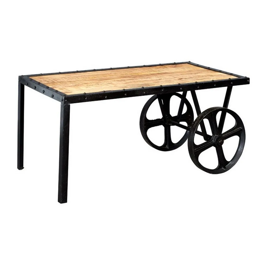 Indian Hub Cosmo Industrial Cart Coffee Table - Solid Mango Wood - L55xW100xH45cm in Brown