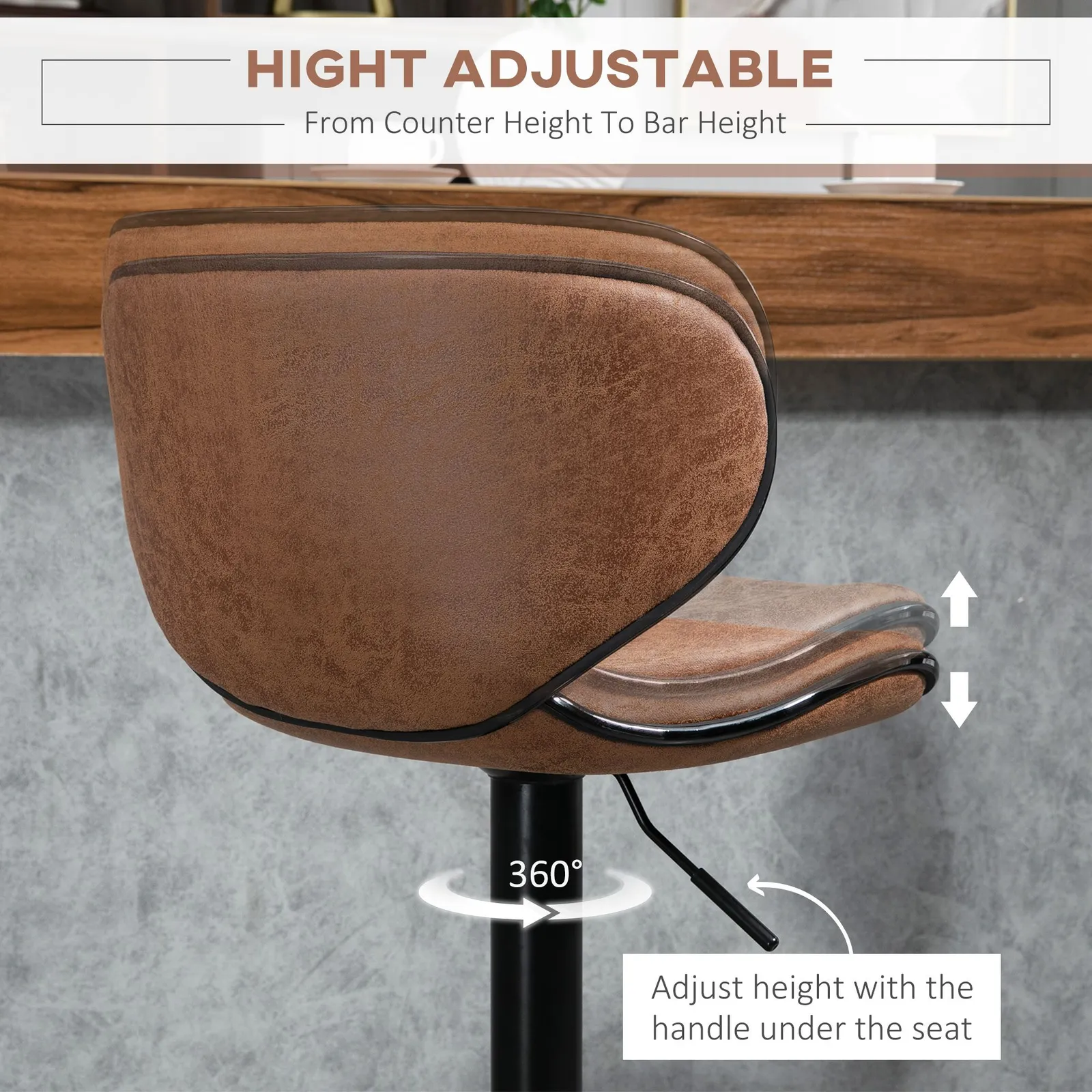 HOMCOM Bar Stool Set of 2 Faux Leather Adjustable Height Armless Chairs in Brown 5