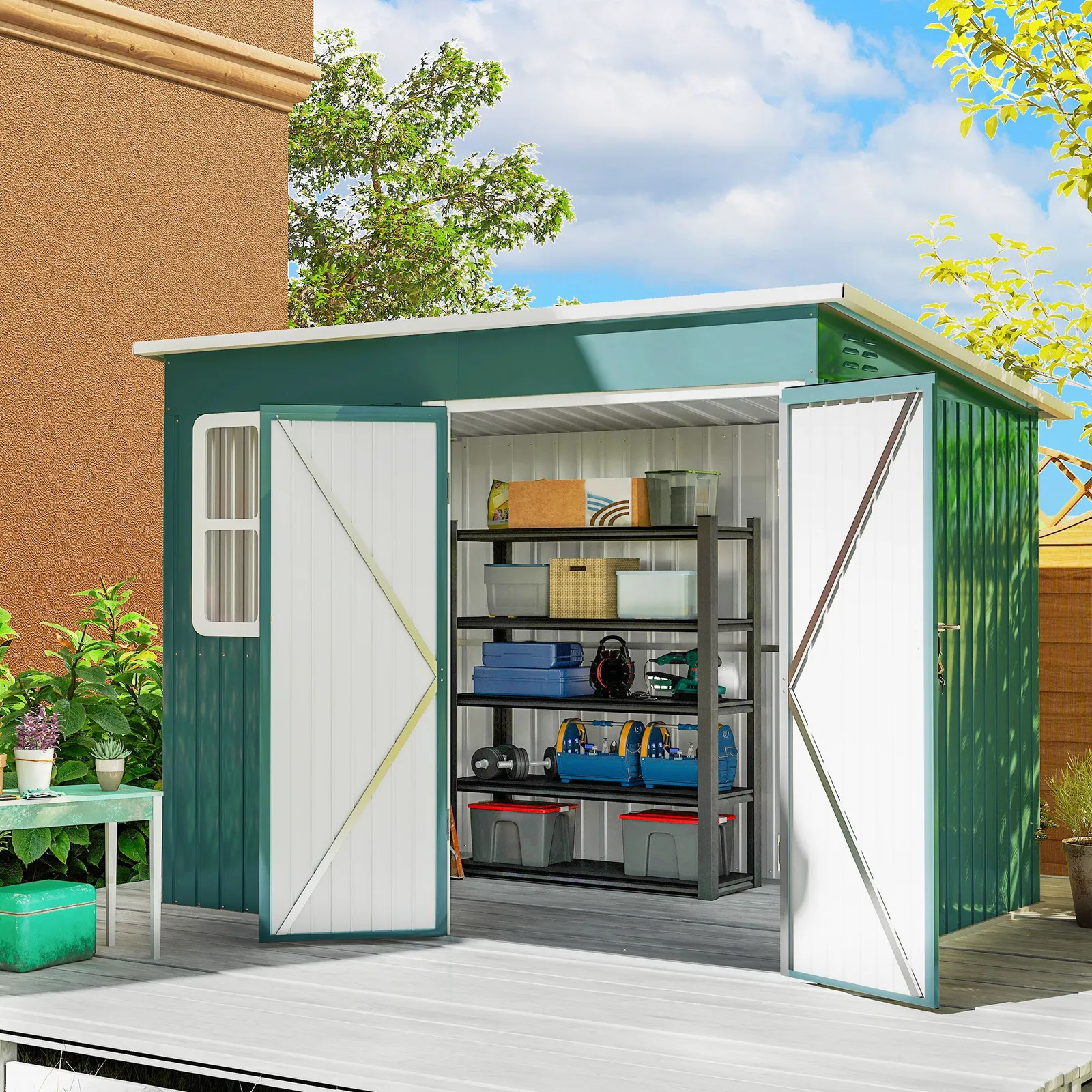 OUTSUNNY 8.5 x 6ft Galvanised Steel Garden Shed with Foundation Kit, Green