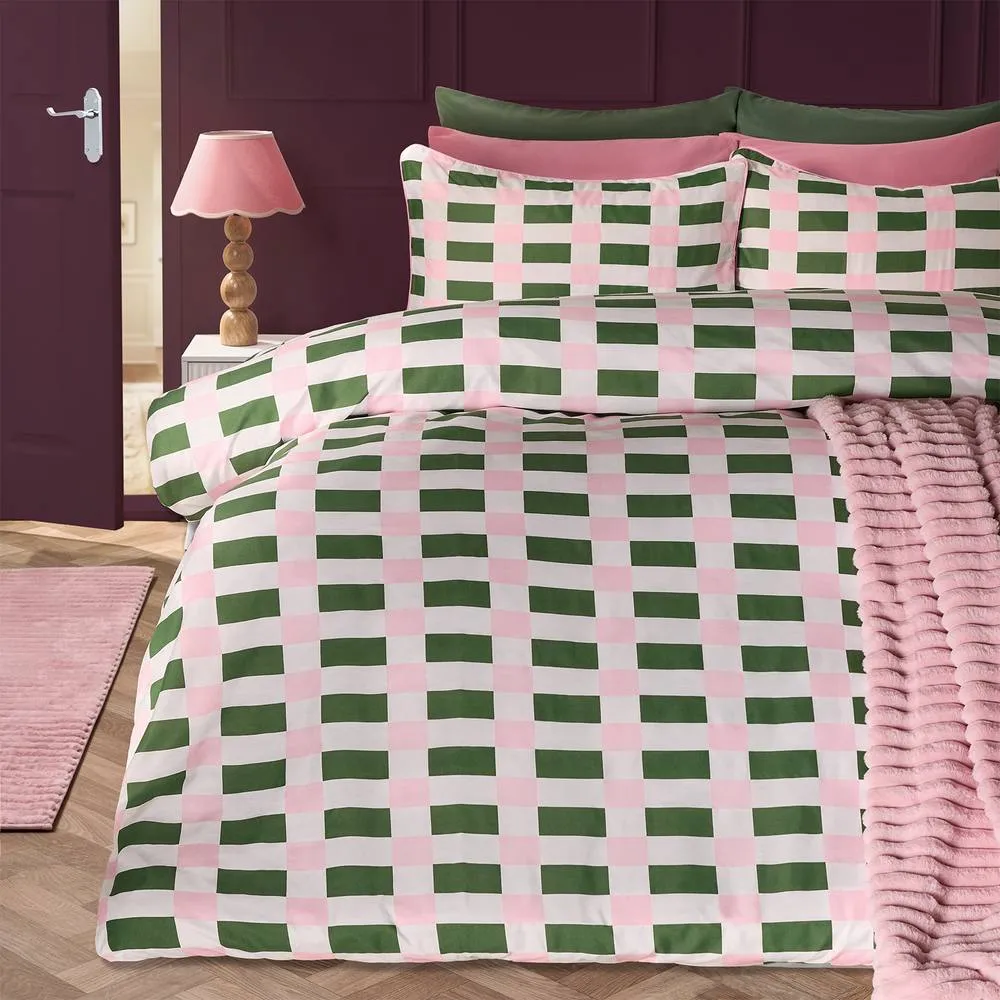 OHS Checkerboard Bedding Set Microfibre Duvet Cover with Pillowcase in Green