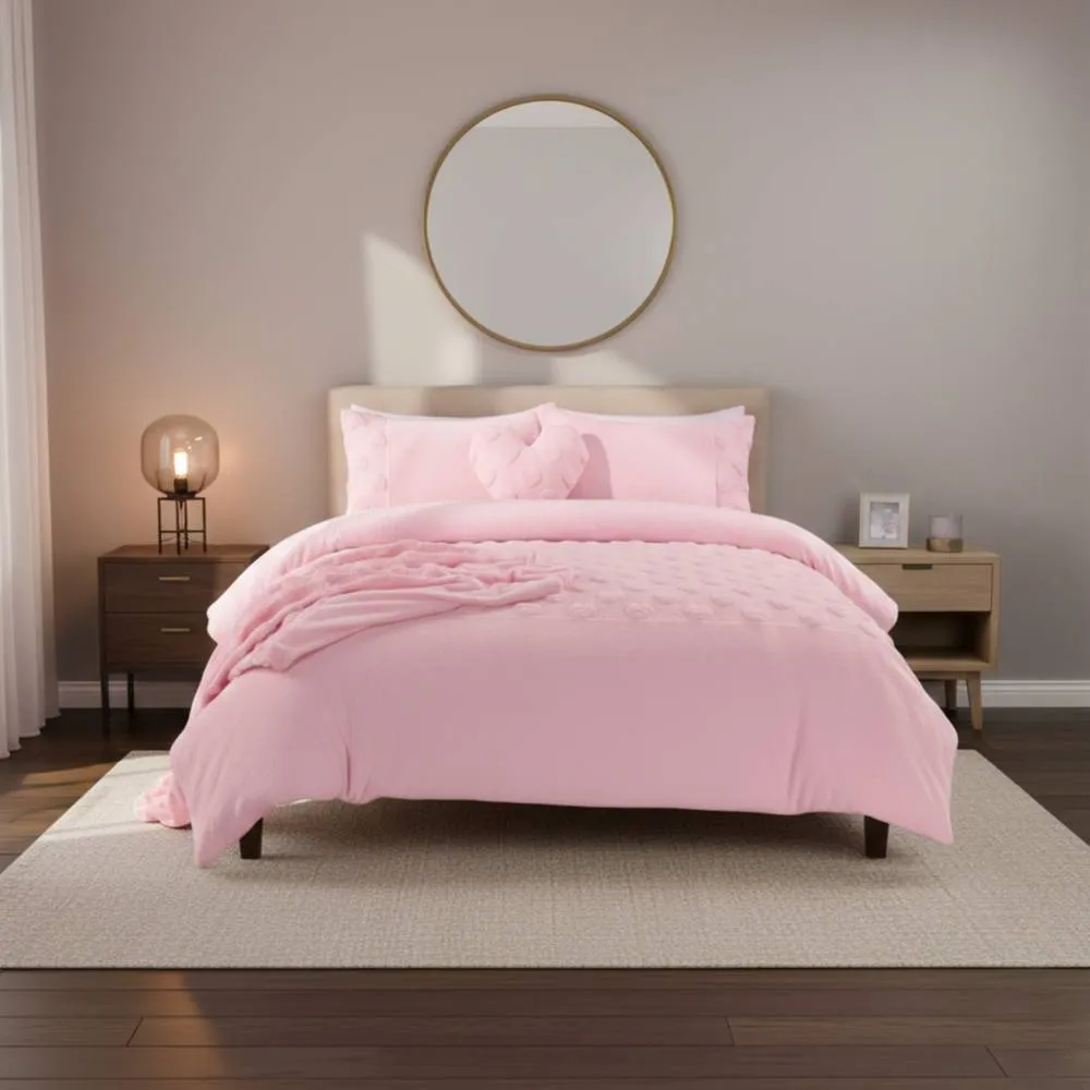 Snug City Super Soft Teddy Duvet Cover Set Heart Embossed Cozy Fleece Bedding in Pink