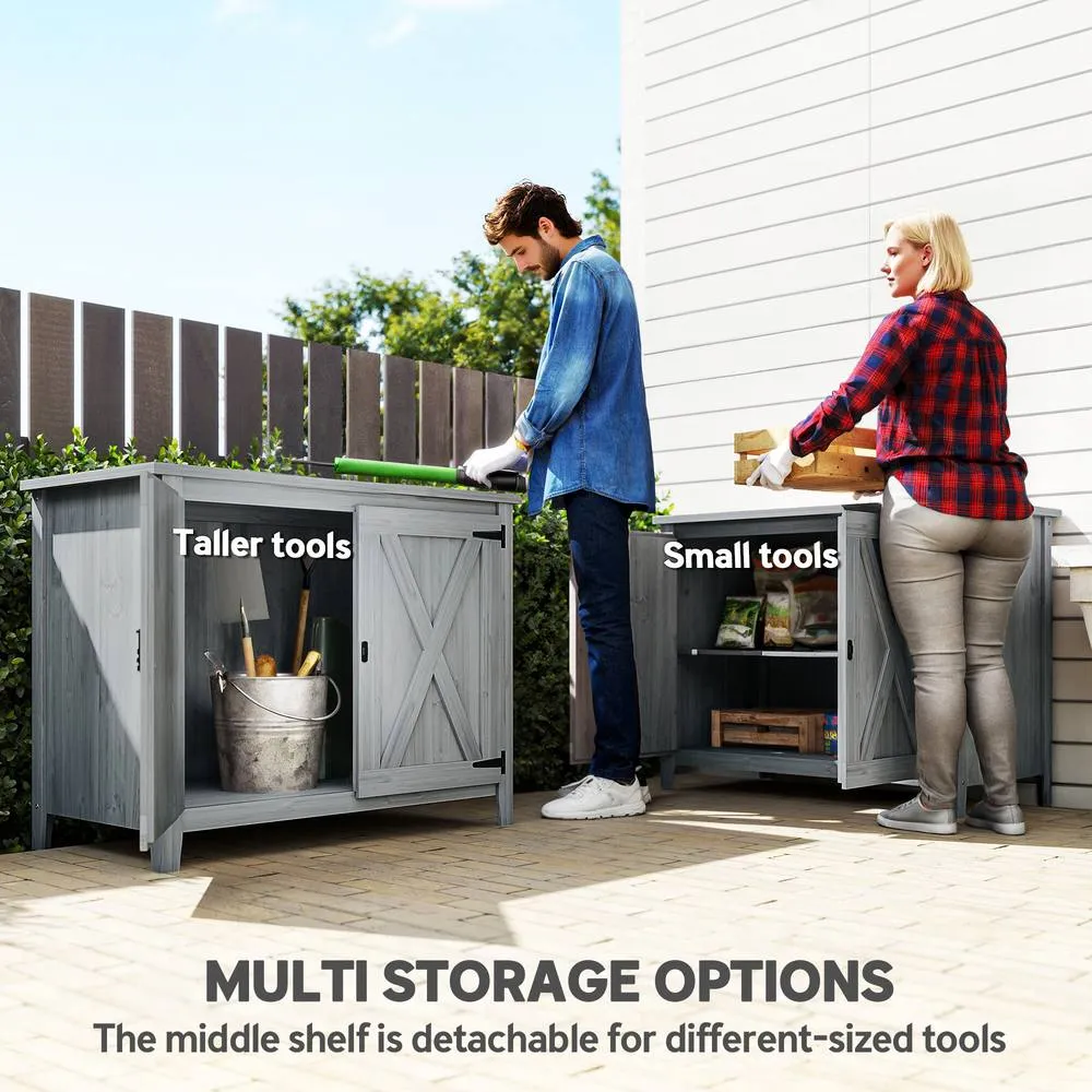 OUTSUNNY Wooden Garden Shed Tool Cabinet 110 x 60 x 88.5 cm, Light Grey 4