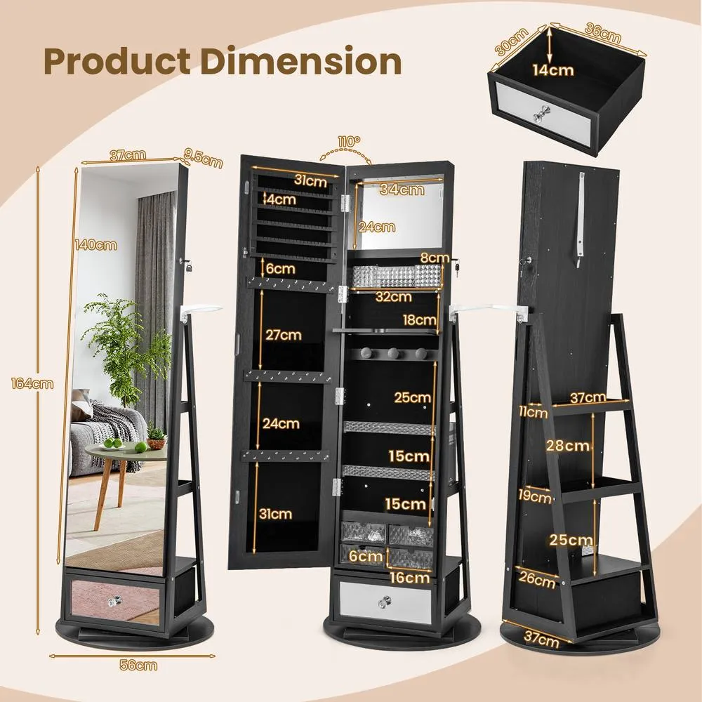Costway 4 iN 1 Swivel Jewelry Cabinet Lockable Jewelry Armoire-Black in Black 2