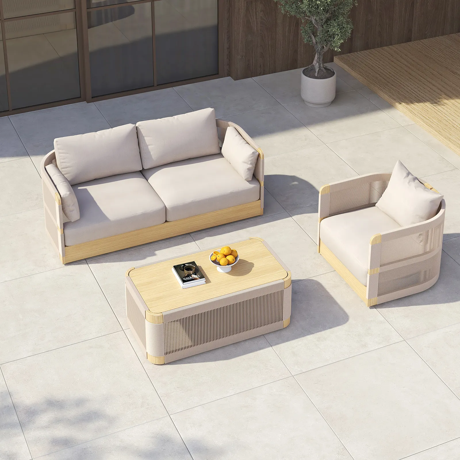 Costra 3-Piece Modern Aluminium & Rope Outdoor Swivel Sofa Set with Coffee Table in Khaki for 4