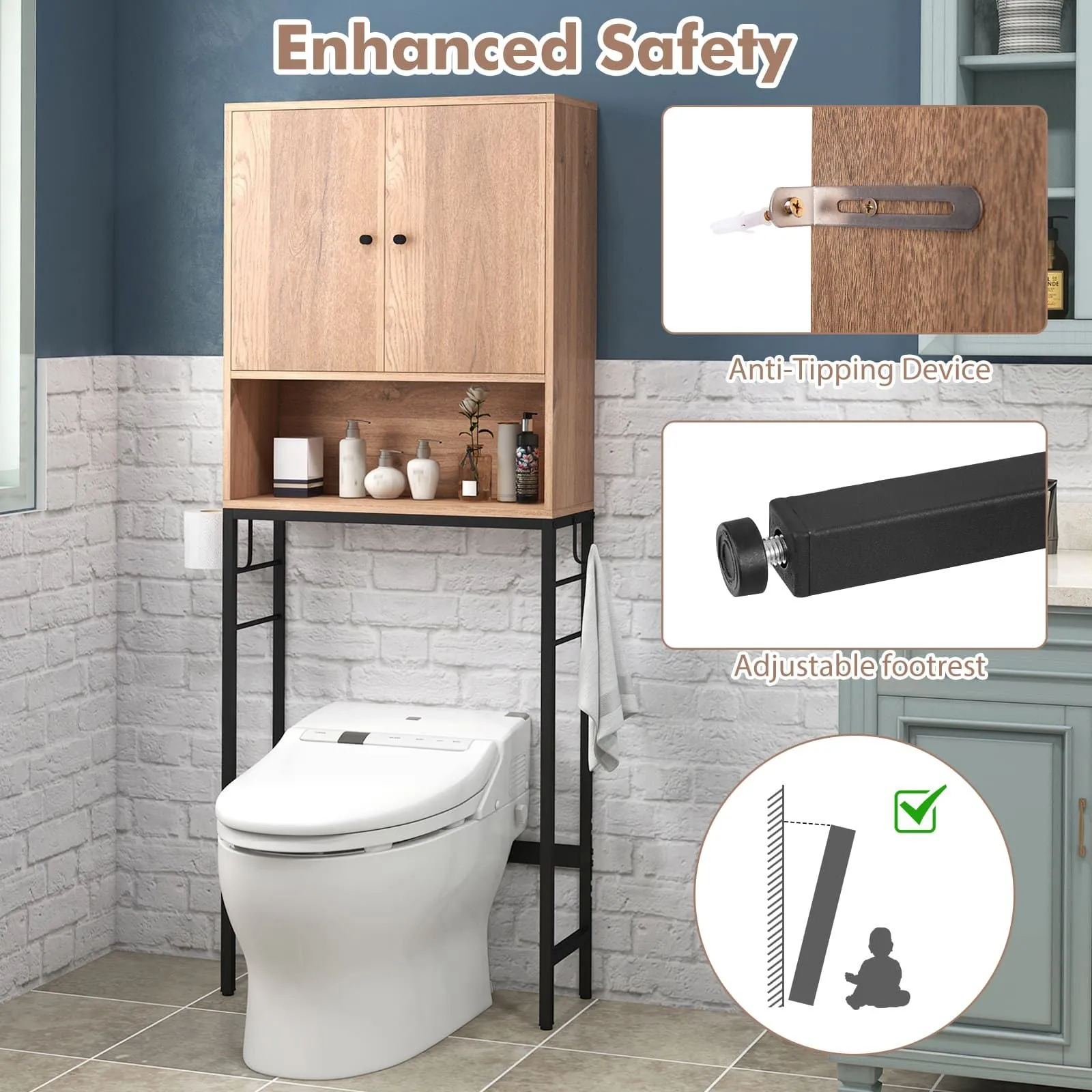 Costway Over The Toilet Storage Cabinet Free Standing Toilet Rack-Natural in Natural 5