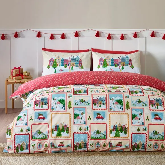 Catherine Lansfield Christmas Town Stamps Polycotton Duvet Cover & Pillowcase Set