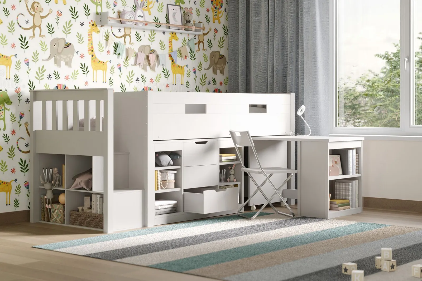 Flair Charlie Staircase Mid Sleeper Cabin Bed with Storage & Desk in White 1