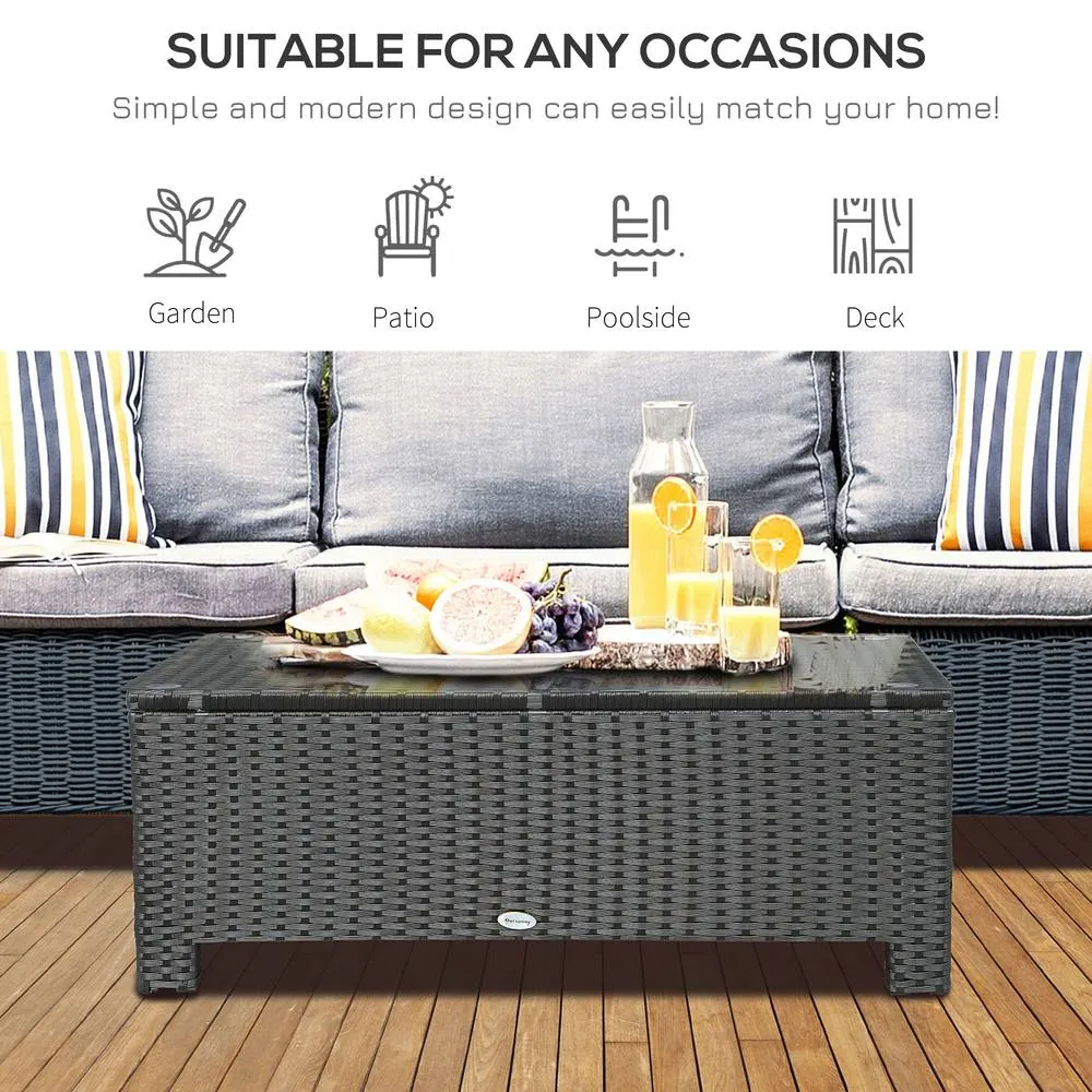 OUTSUNNY Garden Rattan Side Table, Wicker Coffee Desk, Glass Top in Black 4