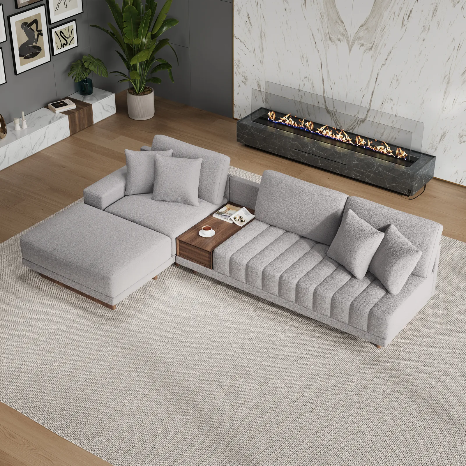 Vewal 320 cm L-Shaped Boucle Modular Sectional Sofa with Chaise & Ottoman