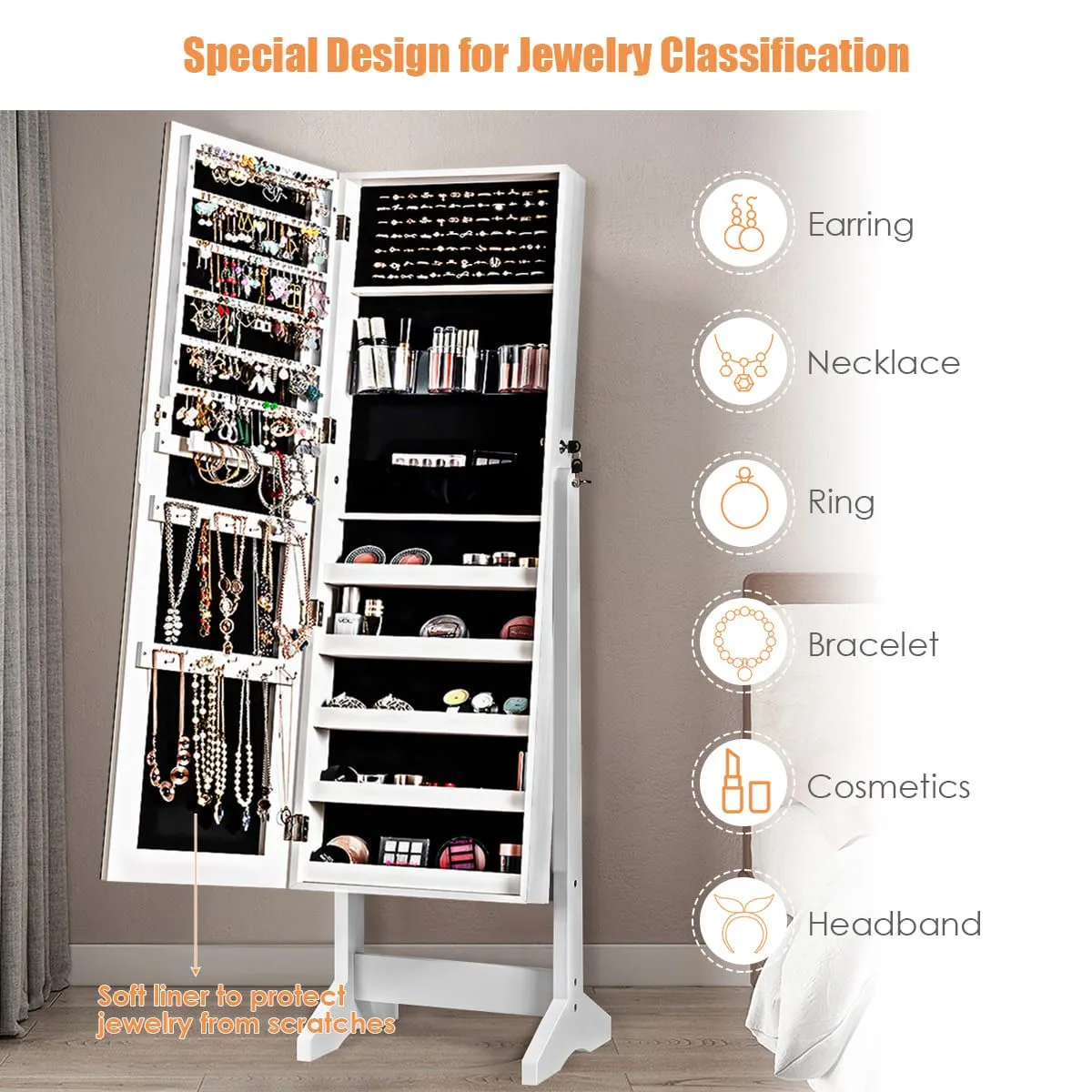 Costway Jewelry Cabinet Free Standing Jewelry Armoire w/Full-Length Mirror in White 6
