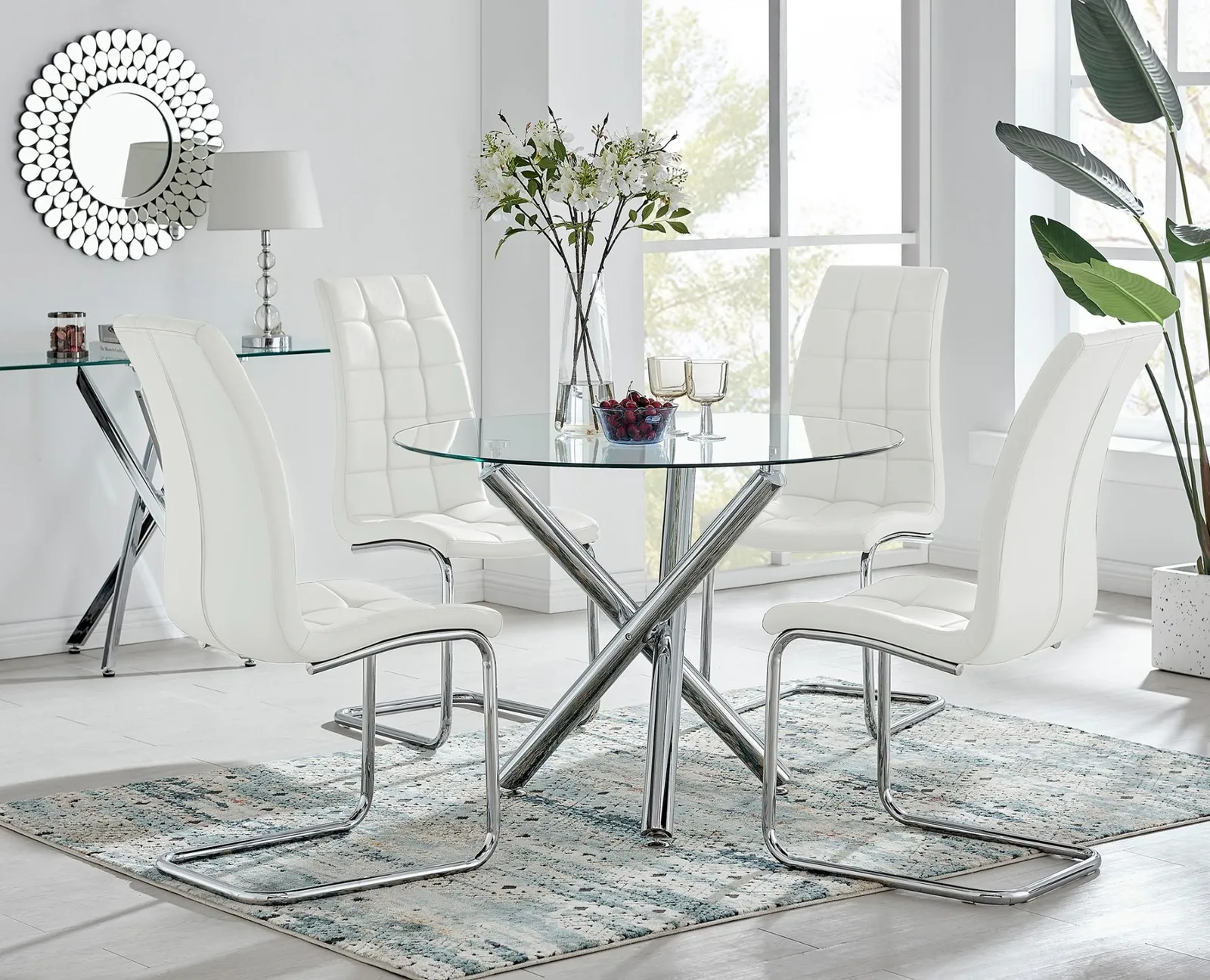 FurnitureboxUK Selina Round Glass Chrome Leg Dining Table & Murano Chairs in Off-White