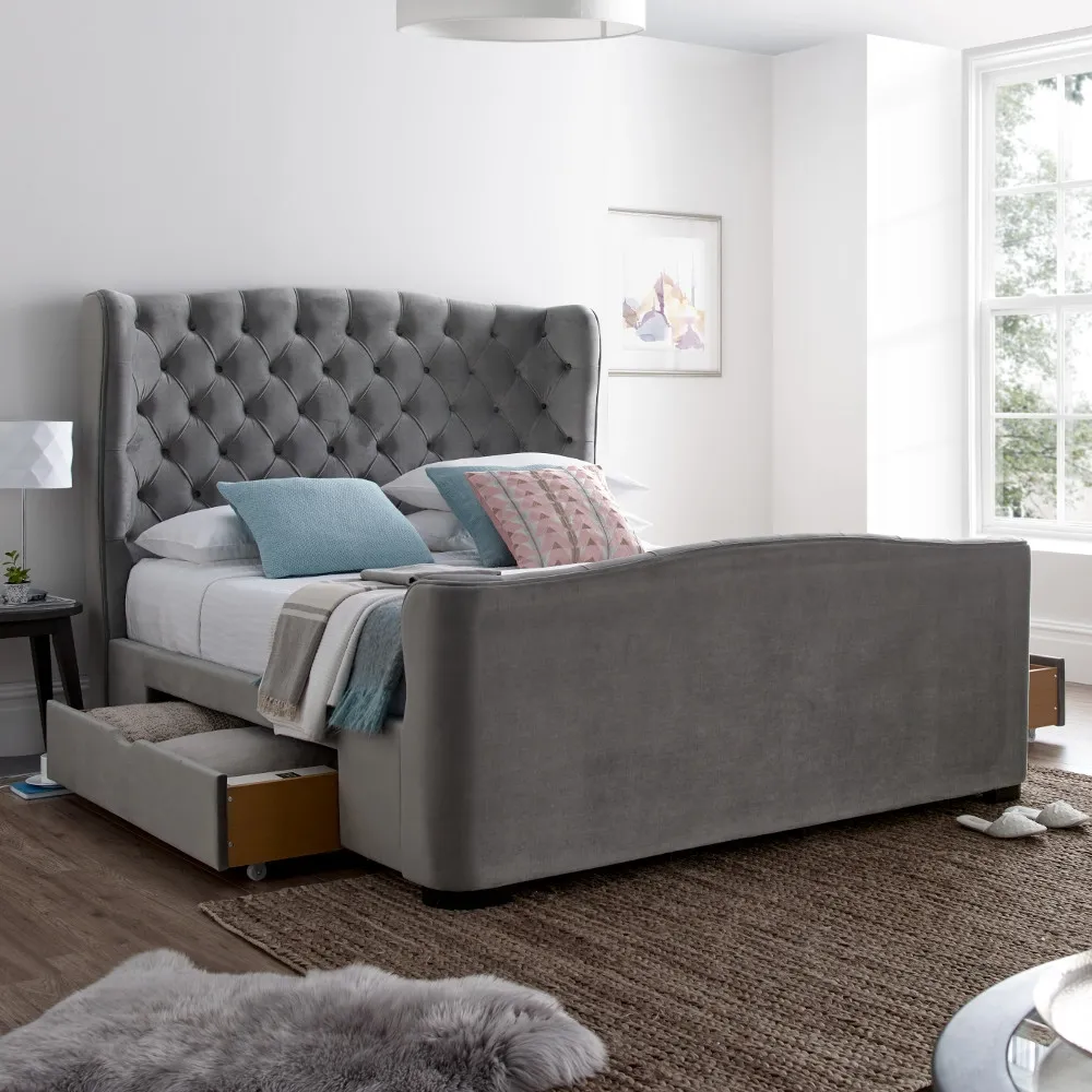 Downton Grey Velvet Fabric 2 Drawer Storage Bed Frame - 6ft Super King Size