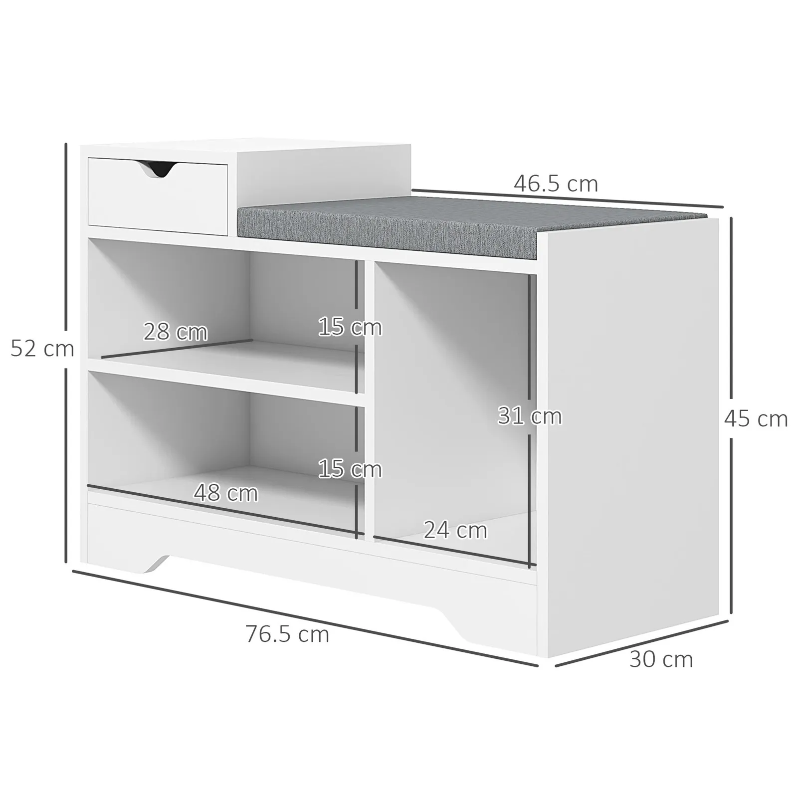 HOMCOM Upholstered Entryway Shoe Bench with Storage Drawer Open Shelf in White 3