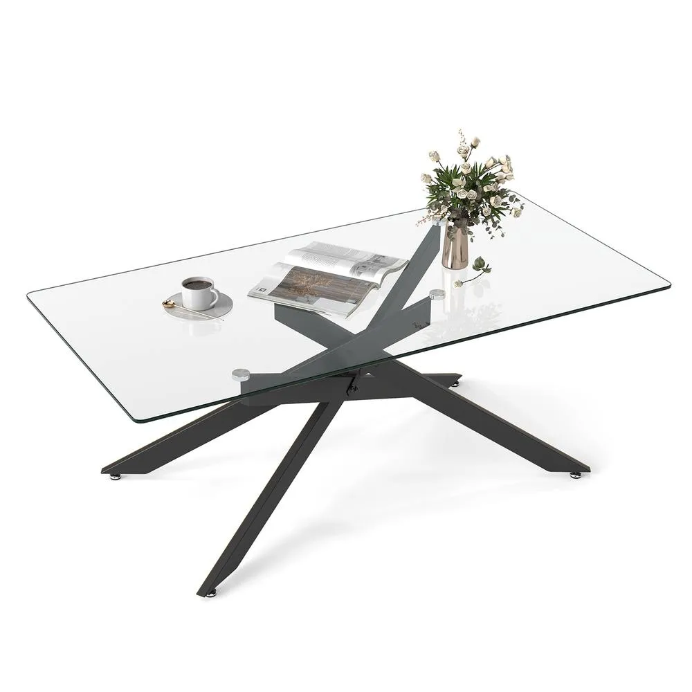 Costway Modern Glass Coffee Table Rectangle Center Cocktail Table Side Table in Black 6
