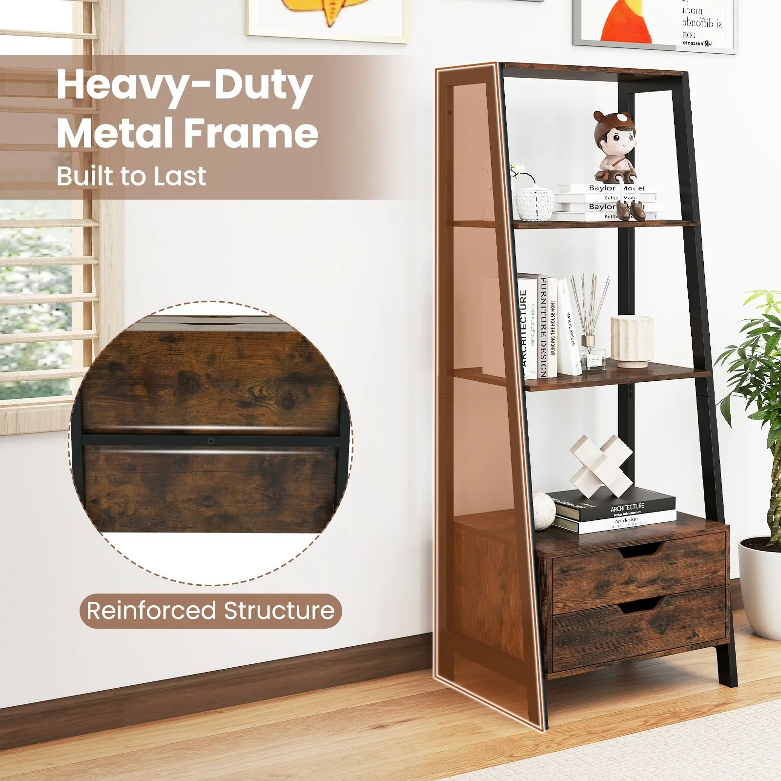 Costway Ladder Bookshelf Tall Freestanding Display Rack with Storage-White in Brown 6