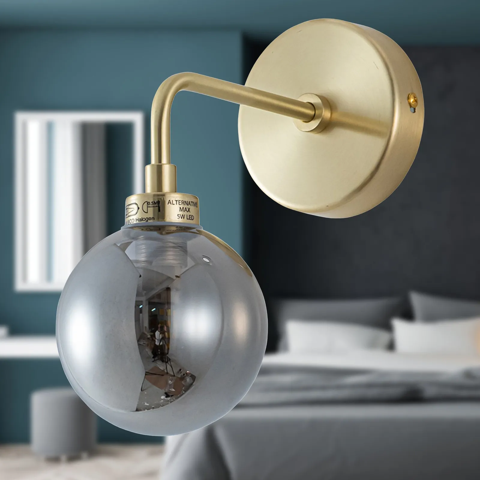First Choice Lighting Toner - Satin Brass with Smoked Glass Globe Wall Light in Gold 4